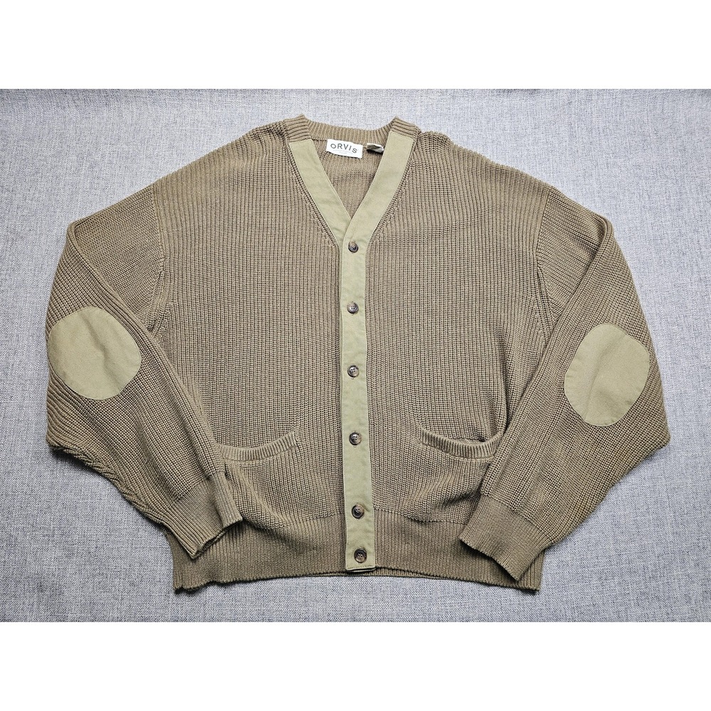 Orvis Sweater Mens 2XL Brown V Neck Cotton Cardigan Elbow Patches Knit Pockets